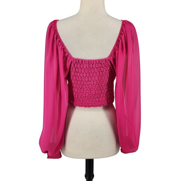 Flying Tomato Lace Crop Top – Hot Pink Sheer Long Sleeve with Smocked Back - Picture 4 of 7